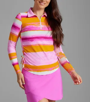 IBKUL NWT Amy Print Adjustable Length Long‎ Sleeve Polo Hot Pink Orange Peel XS thumbnail 1