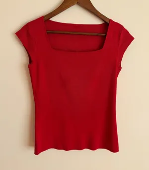White House Black Market Silk Blend Square Neck Cap Sleeve Knit Top Red Small S thumbnail 1