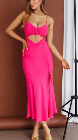 Twin Flame Drawstring Bust Midi Dress in Hot Pink thumbnail 3