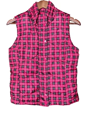 Aeropostale‎ Puffer Vest Women Small Pink Black Plaid Zip Snap Fleece Lined thumbnail 1