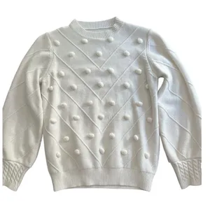 Cream Pom Pom‎ Chevron Knit Crewneck Sweater Puff Long Sleeve Cable Pullover XS thumbnail 1