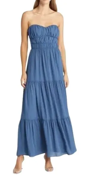 WAYF Talia Tiered Maxi Dress Strapless Smocked Stretchable Bodice Blue W M NWOT thumbnail 1