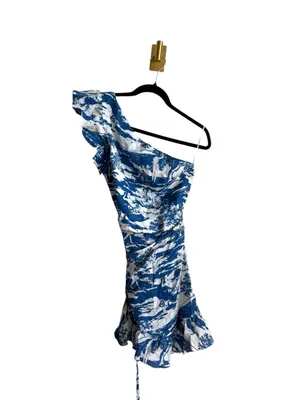 Reformation Toscana One Shoulder Wrap Linen Mini Dress Blue White Size 4 thumbnail 2