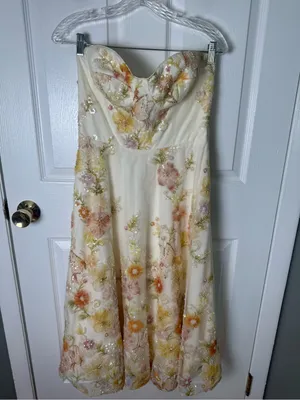 Dress The Population Mabel Strapless Beaded Floral Midi Dress in Ivory Combo M thumbnail 2