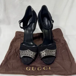 Gucci Black Suede Metallic Python Brogue Ankle-Strap Heels EU 39 thumbnail 2