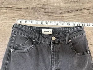 Rollas Original Straight Black High Rise Distressed‎ Denim Jeans size 27 thumbnail 7