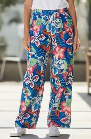 Sincerely Jules Tropical Floral Linen Blend‎ Wide Leg Pants Blue Pink Medium NWT thumbnail 1
