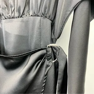 PrettyLittleThing High Slit Wrap Dress Womans 8 Black Satin Open Back Clubwear thumbnail 9