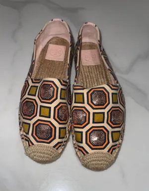 Tory Burch Pink and Yellow Geometric Espadrille Flats thumbnail 1