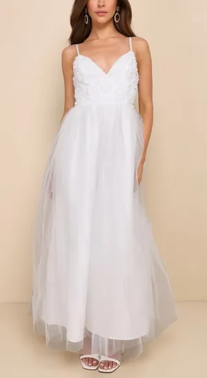 Lulus Graceful Beauty White 3D Floral Tulle Sleeveless Maxi Dress XS NWT thumbnail 1