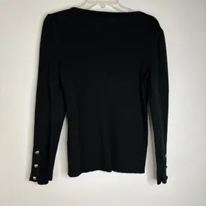 Lauren Ralph Lauren Black Ribbed Knit Long Sleeve Top M Silver Crest Button Cuff thumbnail 3