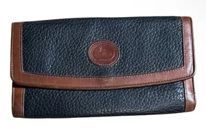 Vintage Dooney & Bourke All Weather Leather Navy and Brown Trifold Wallet Checkb thumbnail 1