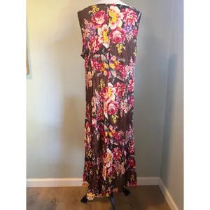 Vintage Floral Crinkle Maxi Dress L boho‎ whimsi dainty beach Brown Sleeveless thumbnail 4