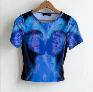 White Fox Boutique Blue Cyber Graphic Baby Tee Short Sleeve Crop Top Small‎ thumbnail 1