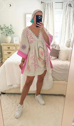 Embroidered Mini Dress Pink/Ivory thumbnail 1