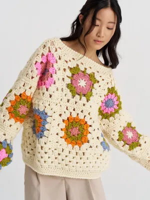 Free People Society Mano Beige Granny Square Pullover Sweater thumbnail 1