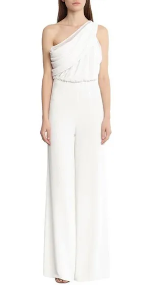 LOVE X DESIGN Jumpsuit Womens Size M White One Shoulder Wide Leg Draped Top thumbnail 1
