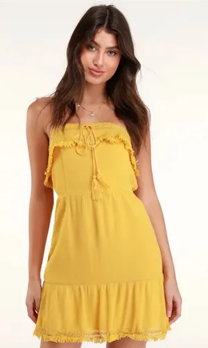 Lulus Mustard Yellow Strapless Boho Mini Dress Crochet Fringe Tassel‎ XL NEW thumbnail 1