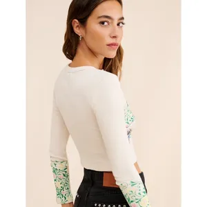 Daydreamer ELTON JOHN FLORAL POINTELLE Ribbed LONG‎ SLEEVE Crop Top M thumbnail 2