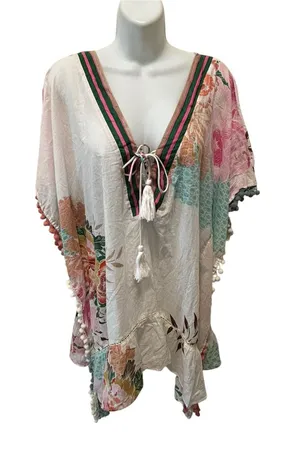 NWT Z&L EUROPE Boho Floral Pom Pom Kimono Swim Coverup/Top OS Floral Cottagecore thumbnail 1