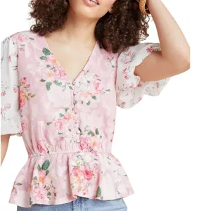 Anthropologie Hemant & Nandita Pink Embroidered Rose Garden Peplum‎ Blouse XS thumbnail 1