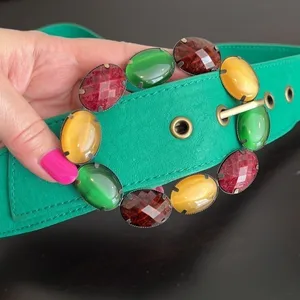 Pieces Verinda belt, multi color bejeweled buckle, green retro belt,43” length thumbnail 3