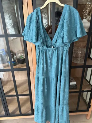 Anthropologie Teal maxi dress textured flutter short sleeve vneck ruffle tiered la la free-est thumbnail 8