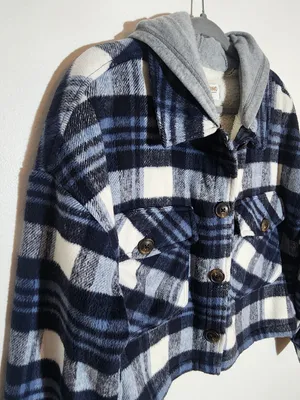 Ci Sono Blue and White Plaid Cropped Shacket with Gray Hoodie Size Large thumbnail 3