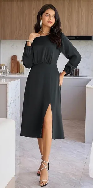 Grace Karin Women's Long Sleeve Satin Wedding Guest Dress with Slit Elegant Boat Neck High thumbnail 3