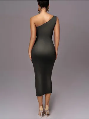 One-Shoulder Black Ruched Bodycon Midi Dress thumbnail 2