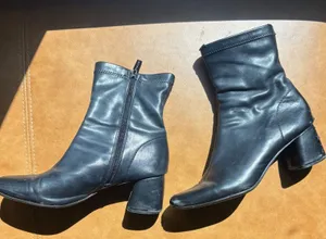 Black Square Toe Block Heel Ankle Boots Side Zip Sock Booties Size 39 thumbnail 1
