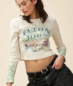 Daydreamer ELTON JOHN FLORAL POINTELLE Ribbed LONG‎ SLEEVE Crop Top M thumbnail 1