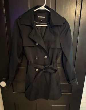 Express Black Double-Breasted Trench Coat with Waist Tie thumbnail 1