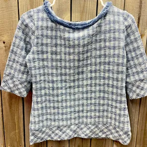 Sara Campbell top small rough texture checkered pattern cotton blend fluffy trim Blue thumbnail 2