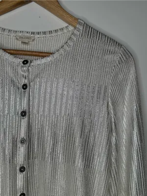 Pilcro Anthropologie Andie Silver Shimmer Ribbed Cardigan Sweater Size M thumbnail 3