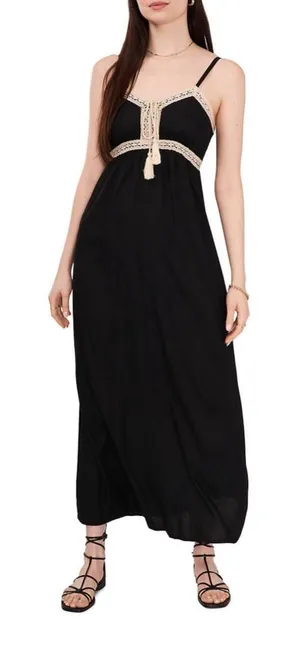 1. State Black Maxi Dress Spaghetti Straps Empire‎ Waist Cream Crochet Trim size XS Beach thumbnail 1