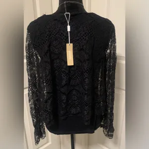 NWT Pointelle Black Lace Long Sleeve Top Elegant Romantic Sheer Floral Blouse thumbnail 4