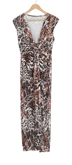 Right Tec Womens Animal Print Maxi Dress Brown Leopard Snakeskin V-Neck Small thumbnail 1