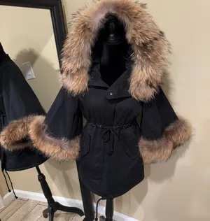 Raccoon Fur Flare Sleeve Parka Coat Jacket Winter Coat Trench Puffer Hooded Coat thumbnail 1