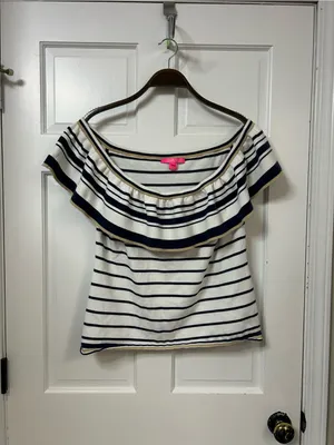 Lilly Pulitzer Navy & White Striped Off-Shoulder Ruffle Tank thumbnail 4