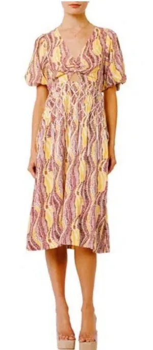 CIEBON Allicent Twist Front Puff Sleeve Midi Dress Size Medium Cutout Beaded thumbnail 1