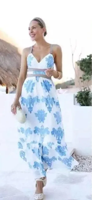 A Loves A Coastal Wrap Corset Dress Womens Size L Blue White Embroidered‎ Floral thumbnail 1