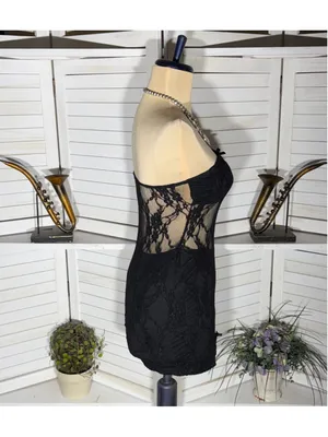 Vintage Y2K mini dress black mesh strapless cut out bodycon clubbing rave punk S thumbnail 3