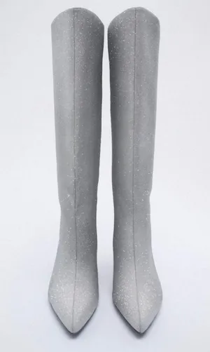 ZARA Silver Rhinestone Heeled Knee High Boots Heels thumbnail 3