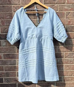 7 for All Mankind Blue Puff V-Neck Dress Cotton Coastal Boho Quiet Luxury Beachy thumbnail 1