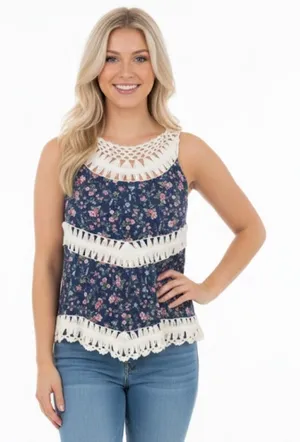 Entro size small blue & pink floral crochet top thumbnail 1