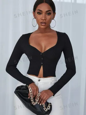 SheIn Ribbed Button Front Crop Top thumbnail 6