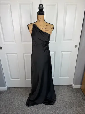 Olia Black Satin One Shoulder Maxi Gown Dress Size L NWT thumbnail 2