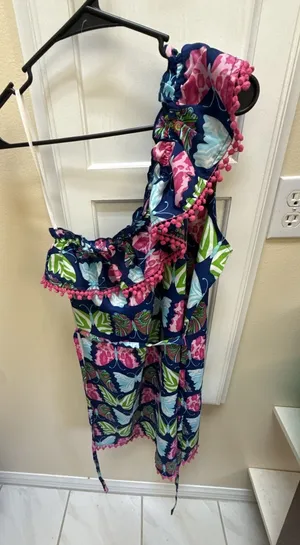 Mud Pie Women's Butterfly Print One-Shoulder Ruffle Dress with Pom-Pom Trim thumbnail 1