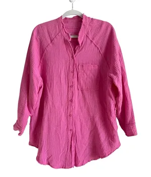 Aerie Oversize Women's XS Pool To Party Hot Pink Gauze Cover‎ Up Button Up Shirt thumbnail 1